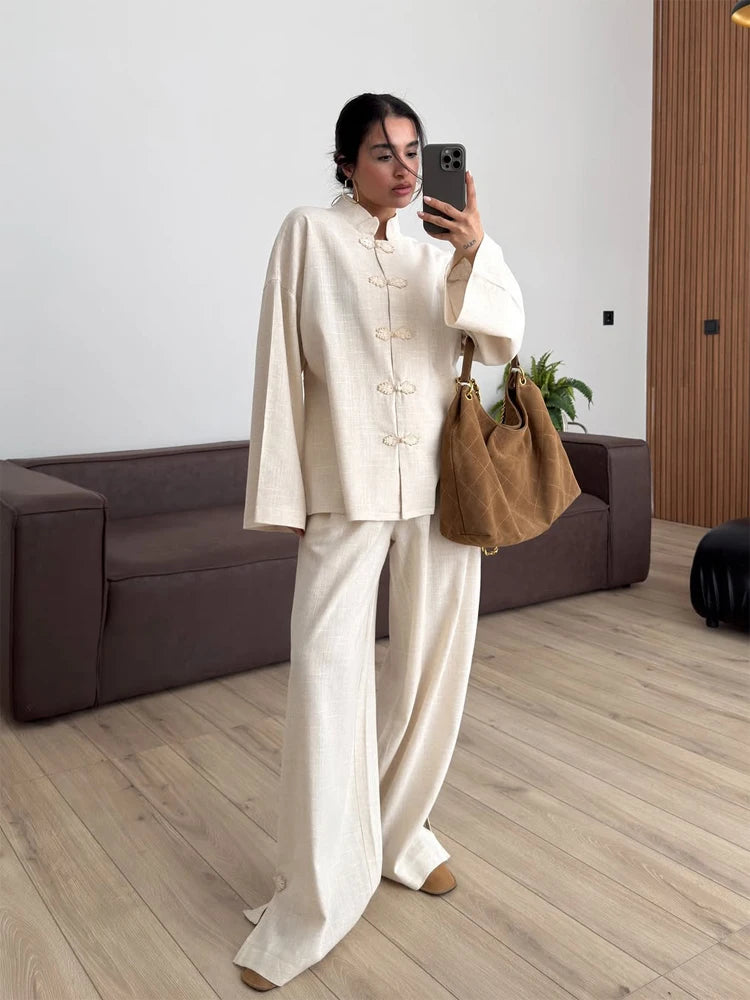 Casual Frog Buttons Linen Two Piece Set Women Lace Up Stand Collar Shirts Wide Leg Pants 2026 Spring Summer Lady Loose Outfits
