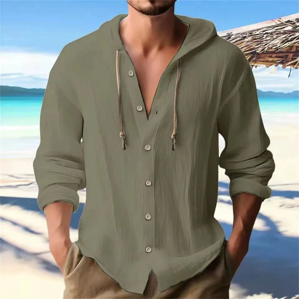 Camicia Uomo Cotone e Lino con Cappuccio – Cardigan Casual Beach Loose Fit
