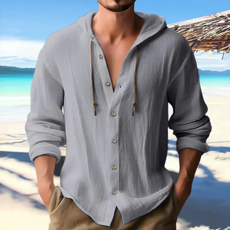 Camicia Uomo Cotone e Lino con Cappuccio – Cardigan Casual Beach Loose Fit