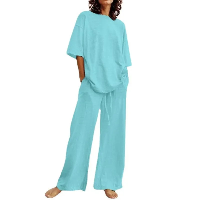 Completo Due Pezzi Donna — Top Girocollo con Tasche e Pantaloni Wide Leg Casual