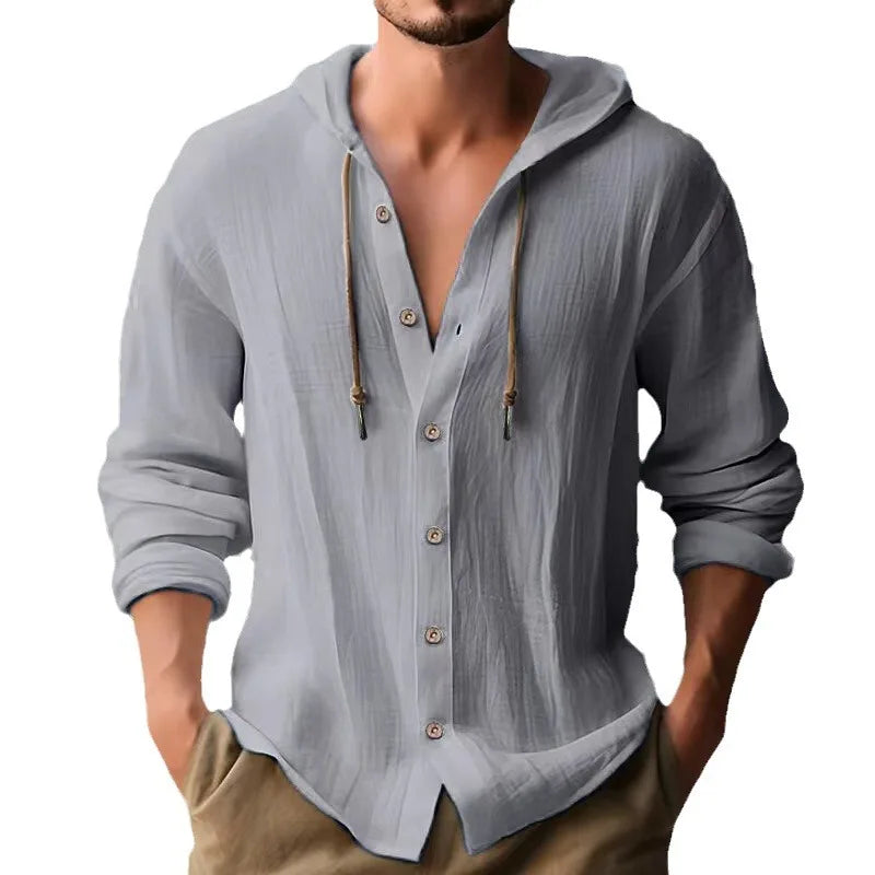 Camicia Uomo Cotone e Lino con Cappuccio – Cardigan Casual Beach Loose Fit