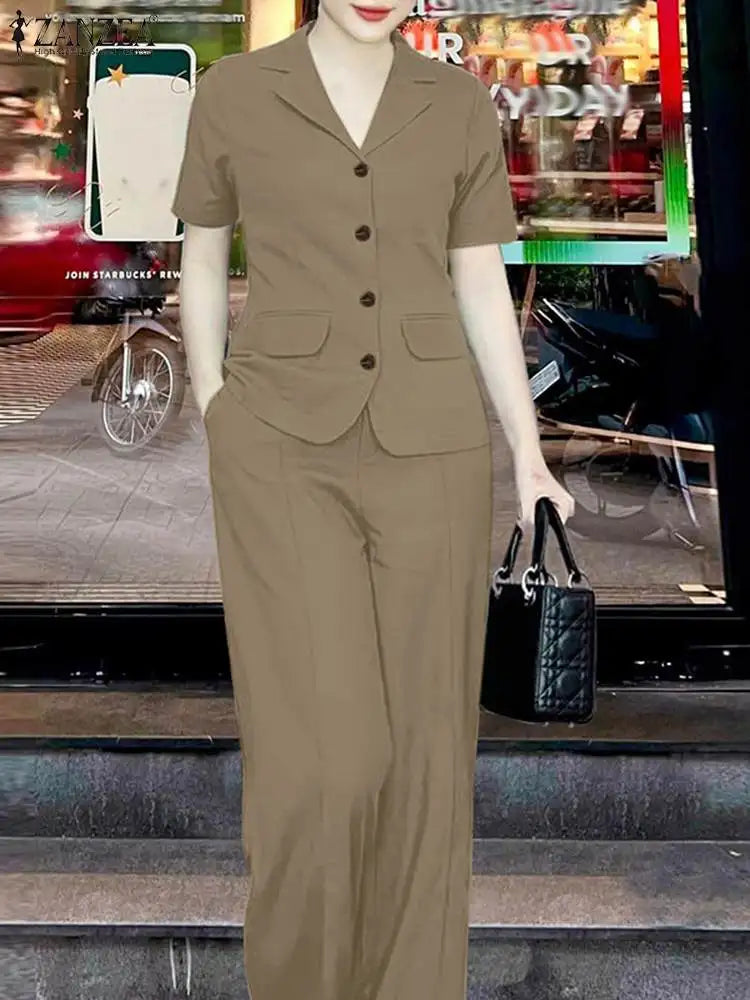 ZANZEA 2024 Elegant Women Fashion Short Sleeve Shirt Wide Leg Trousers Suits Solid Tracksuit 2PCS Summer OL Work Pants Sets