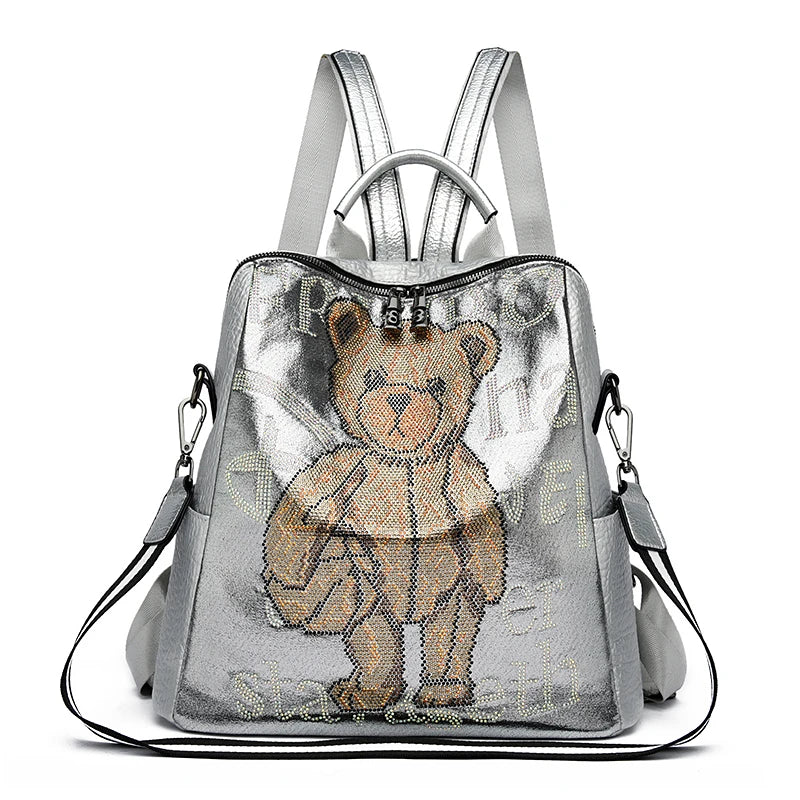 Zaino Donna Design Orsetto con Diamanti - Borsa Scuola Fashion in Pelle