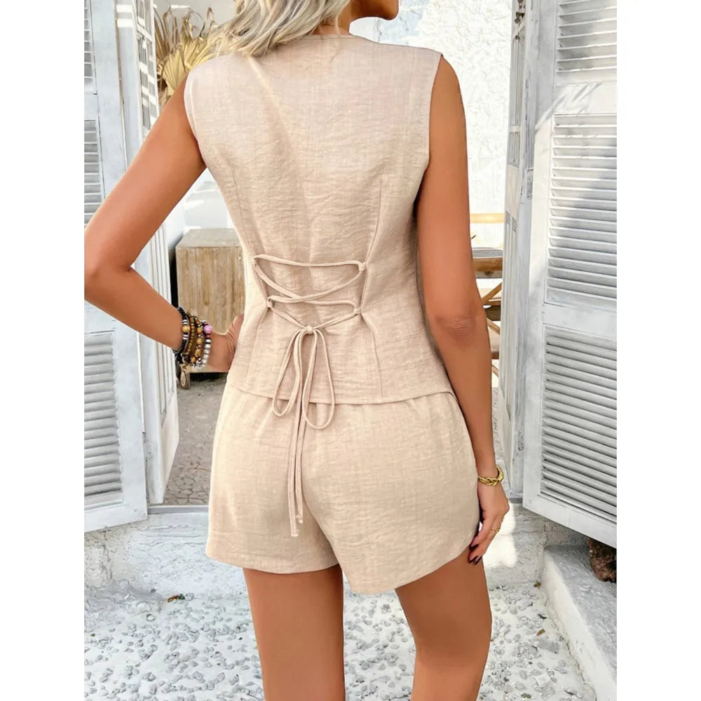 Fashion V-neck Asymmetrical Single-breasted Lady Waistcoat Two-piece Set Spring Summer New Casual Elastic Waist Women Shorts Set