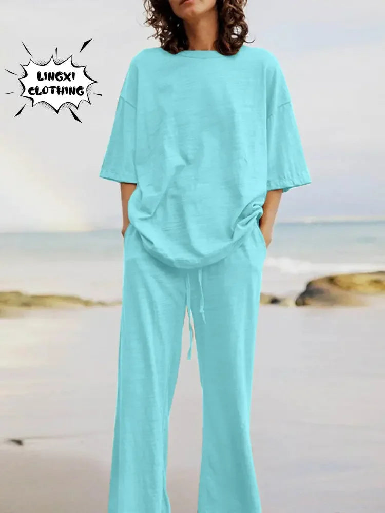 Completo Due Pezzi Donna — Top Girocollo con Tasche e Pantaloni Wide Leg Casual