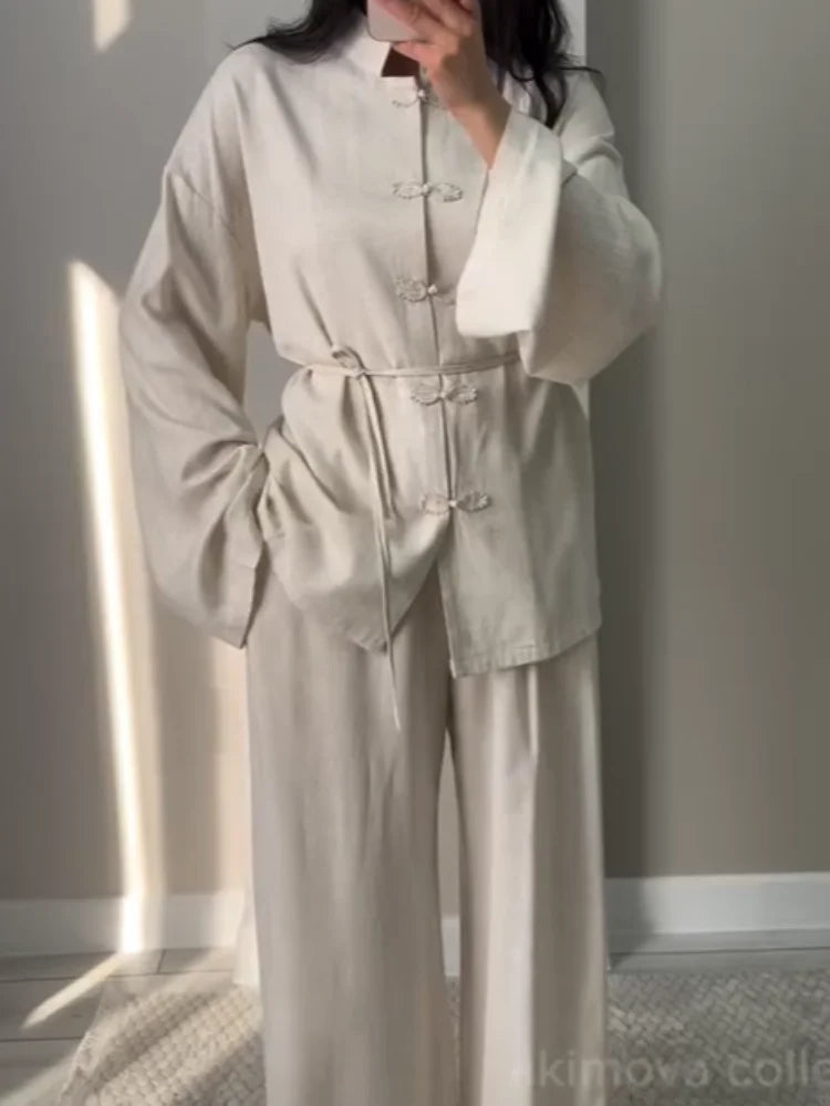 Casual Frog Buttons Linen Two Piece Set Women Lace Up Stand Collar Shirts Wide Leg Pants 2026 Spring Summer Lady Loose Outfits