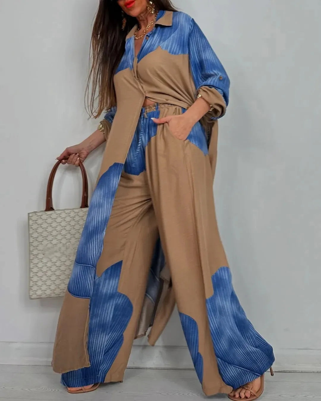 Completo Due Pezzi Donna — Camicia Lunga Stampata e Pantaloni Wide Leg Casual