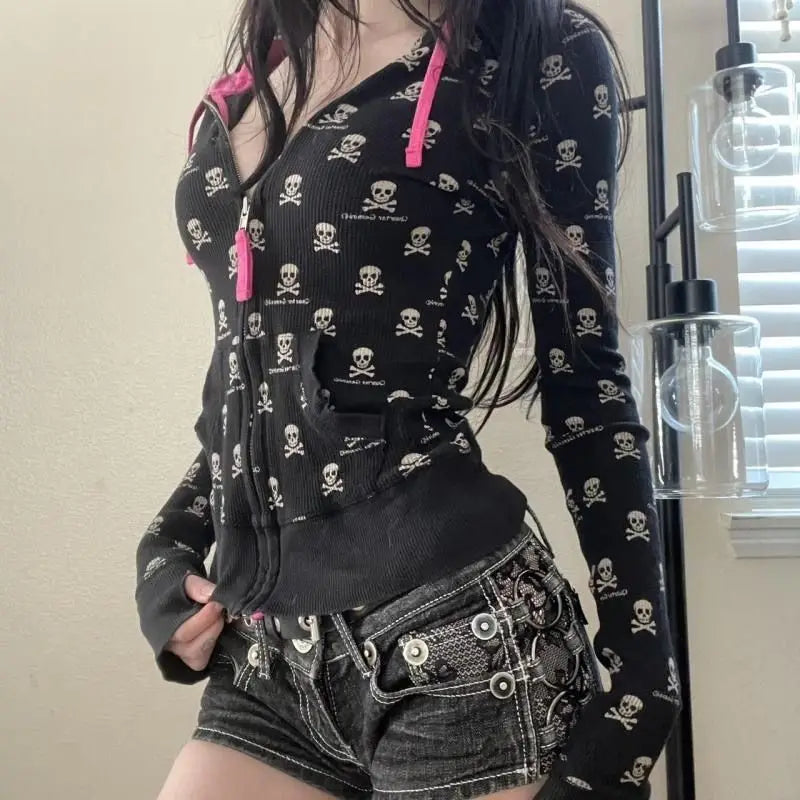 Felpa con Cappuccio Donna Punk Skull Harajuku - Giacca Crop Y2K Gothic con Zip