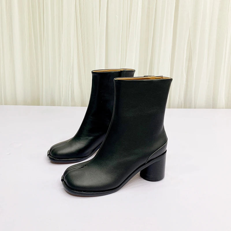 Unisex Split Toe Boots Women Genuine Leather Tabi Boots Round Heel Ankle Boots Woman High Heels Women Shoes Winter Botines Mujer