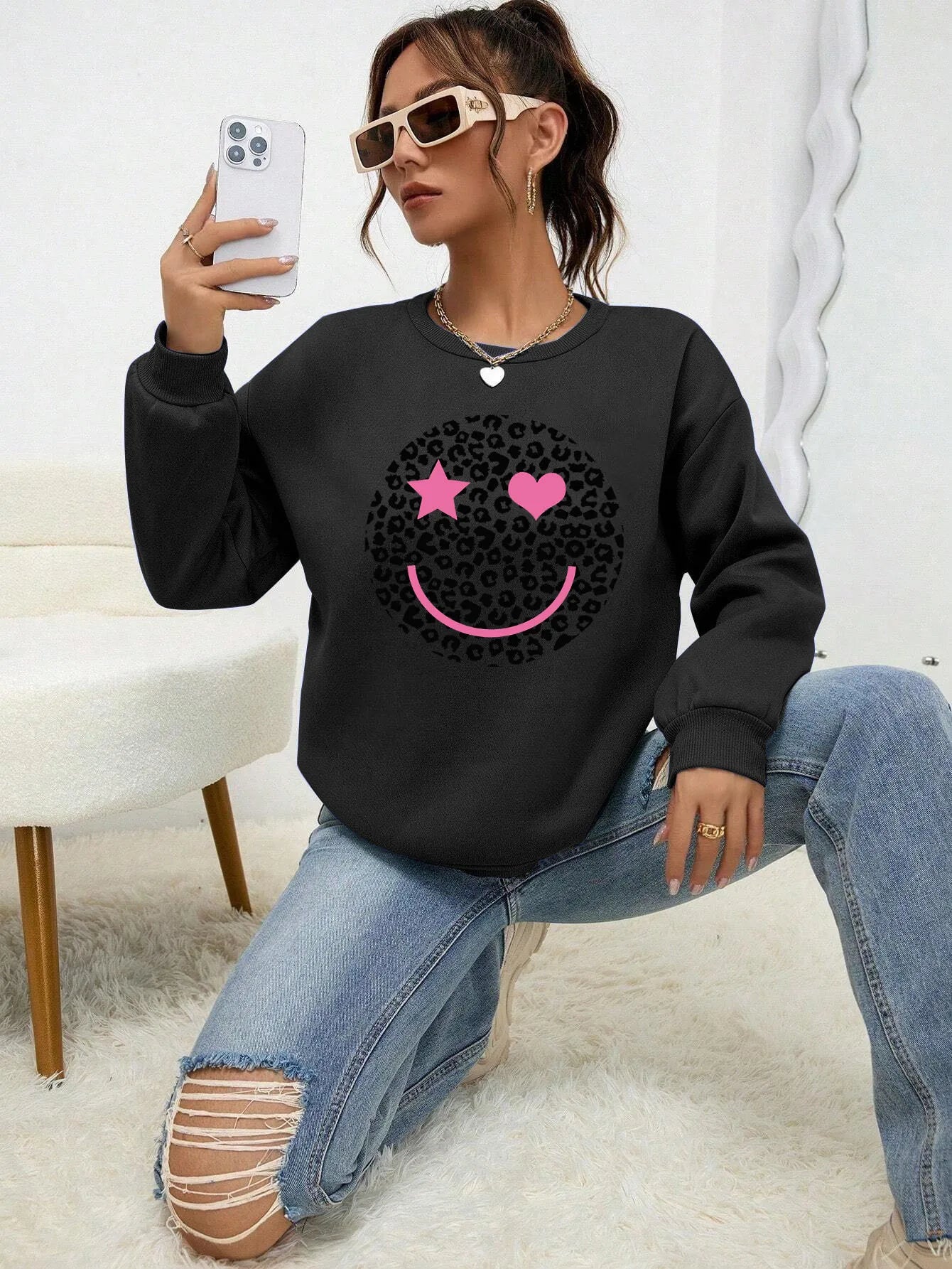 Felpa Donna Stampa Leopardo Happy Face - Pullover Fleece Streetwear Autunno Inverno