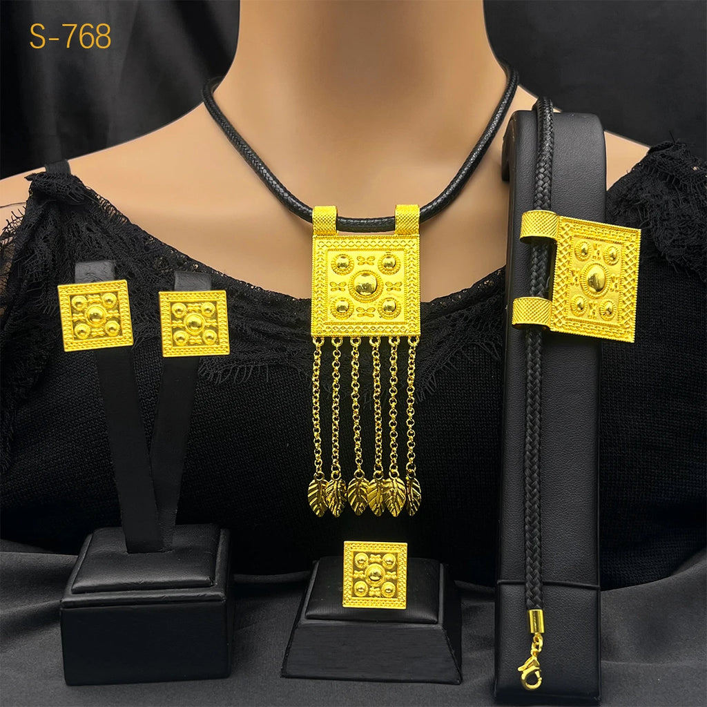 Luxury Gold Color Bridal Jewelry Sets for Women Ethiopian Black Rope Tassel Pendant Necklace Earrings Bracelet Ring Wedding Gift