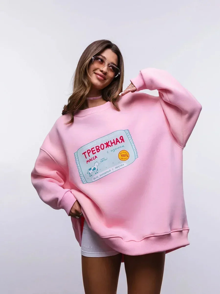 Felpa Donna Oversized Stampa Collo Tondo - Pullover Casual Chic Autunno Inverno