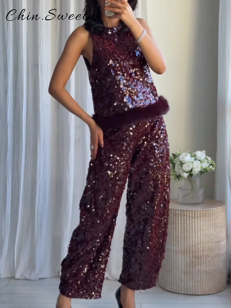 Completo Elegante Donna con Paillettes e Piume - Gilet Scollo Rotondo e Pantaloni Palazzo per Cerimonie
