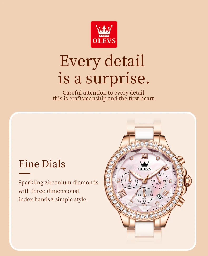 OLEVS Exquisite Women's Watches Prismatic Mirror Surface Quartz Watch Chronograph Gift Bracelet Calendar Waterproof Female Watch