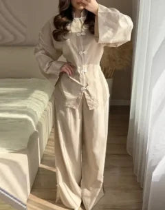 Casual Frog Buttons Linen Two Piece Set Women Lace Up Stand Collar Shirts Wide Leg Pants 2026 Spring Summer Lady Loose Outfits