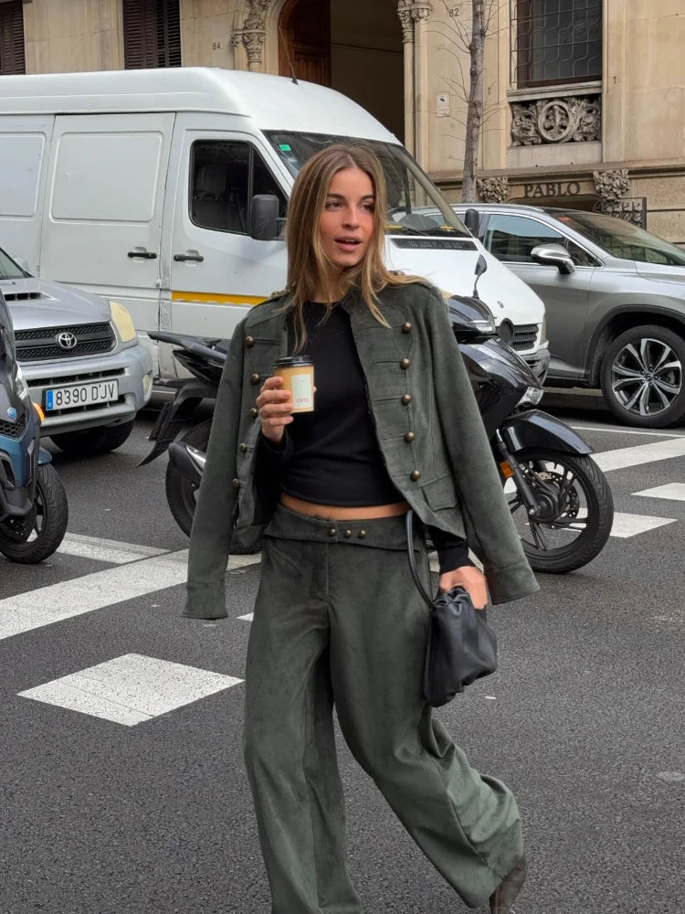 Retro Corduroy Pants Set Women Military Style Cropped Jacket Matching Wide Leg Pant Fashion Outfit Casual Streetwear Office Suit