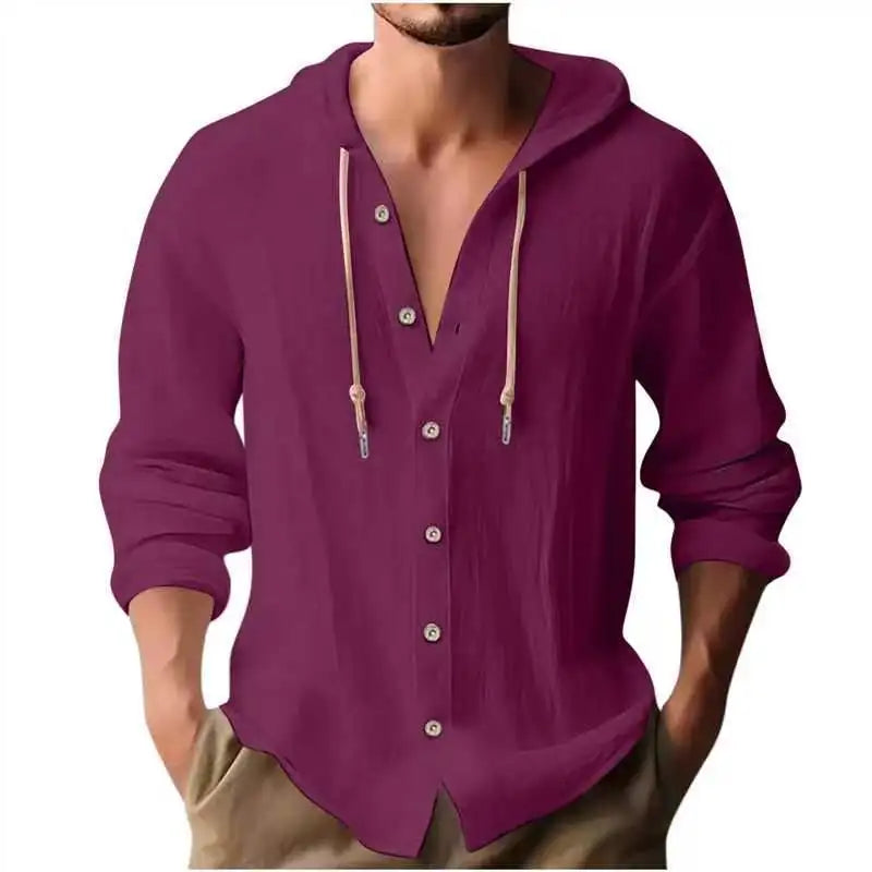 Camicia Uomo Cotone e Lino con Cappuccio – Cardigan Casual Beach Loose Fit