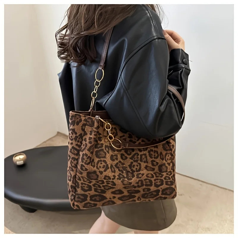 Borsa Tote Donna Stampa Leopardata — Shopper in PU Casual per Ufficio e Viaggio