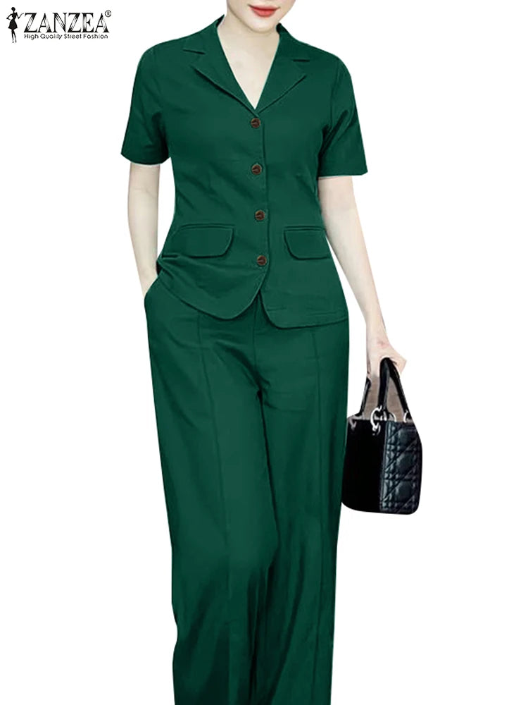 ZANZEA 2024 Elegant Women Fashion Short Sleeve Shirt Wide Leg Trousers Suits Solid Tracksuit 2PCS Summer OL Work Pants Sets
