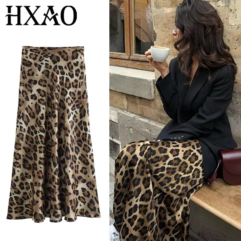 HXAO Women's Skirts Leopard Long Skirts For Women Vintage Satin Animal Print Skirt Woman Fashion High Waist Elegant Midi Skirts
