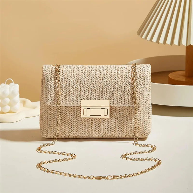 Borsa Paglia Intrecciata Donna - Tracolla Fashion con Chiusura a Lucchetto