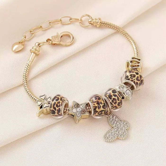 Braccialetto con Pendente a Cuore - Perline Leopardate Color Oro