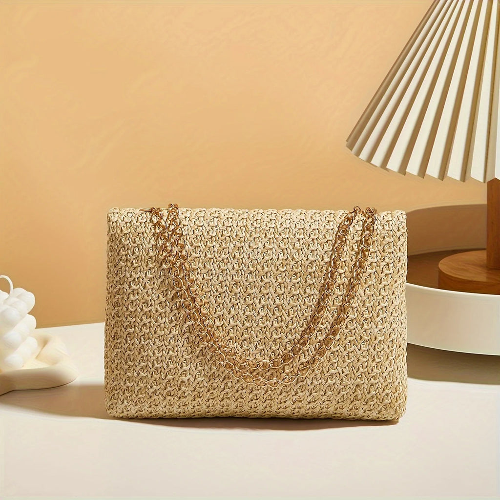 Borsa Paglia Intrecciata Donna - Tracolla Fashion con Chiusura a Lucchetto