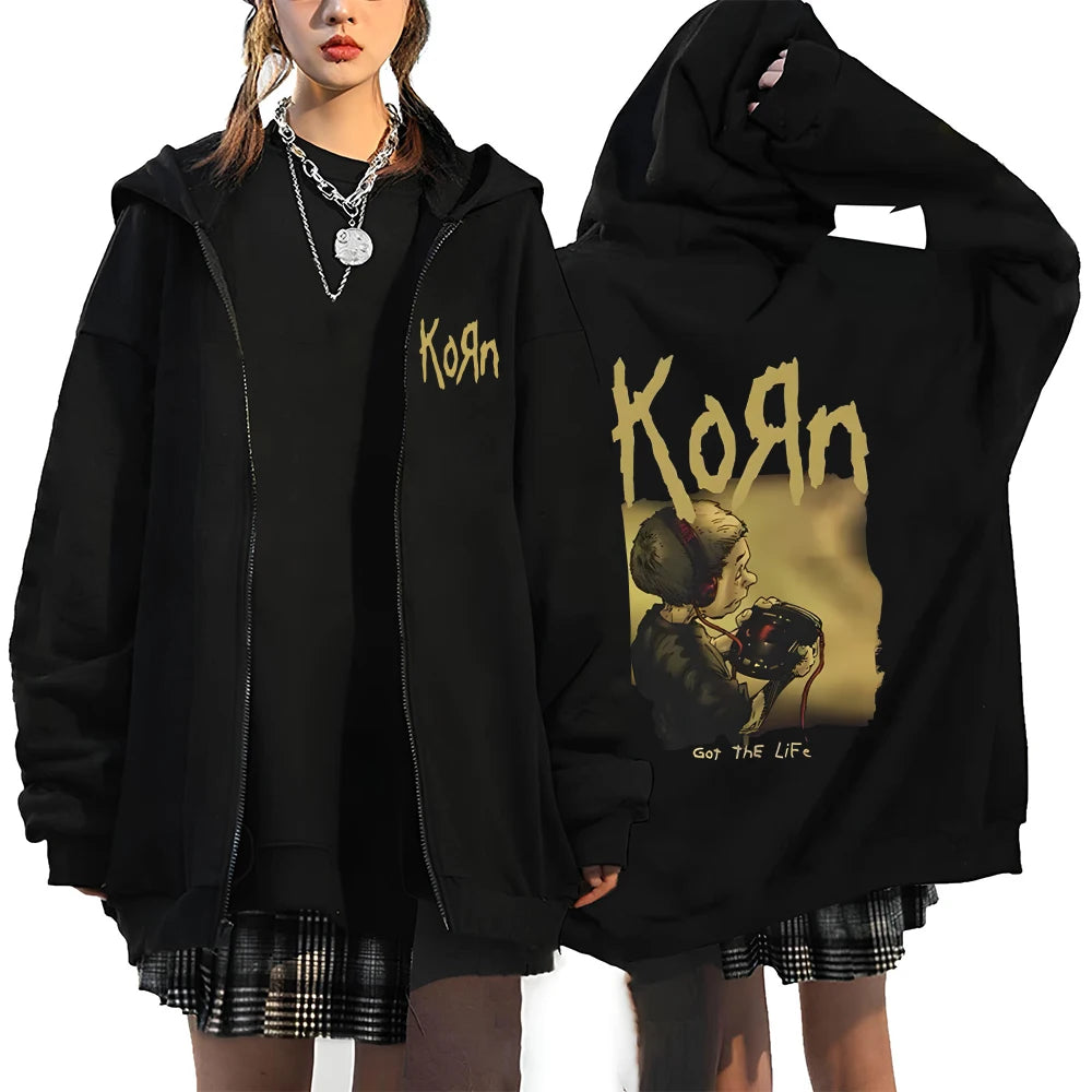 Felpa con Cappuccio Korn Rock World Tour - Zip Oversized Streetwear Hip Hop