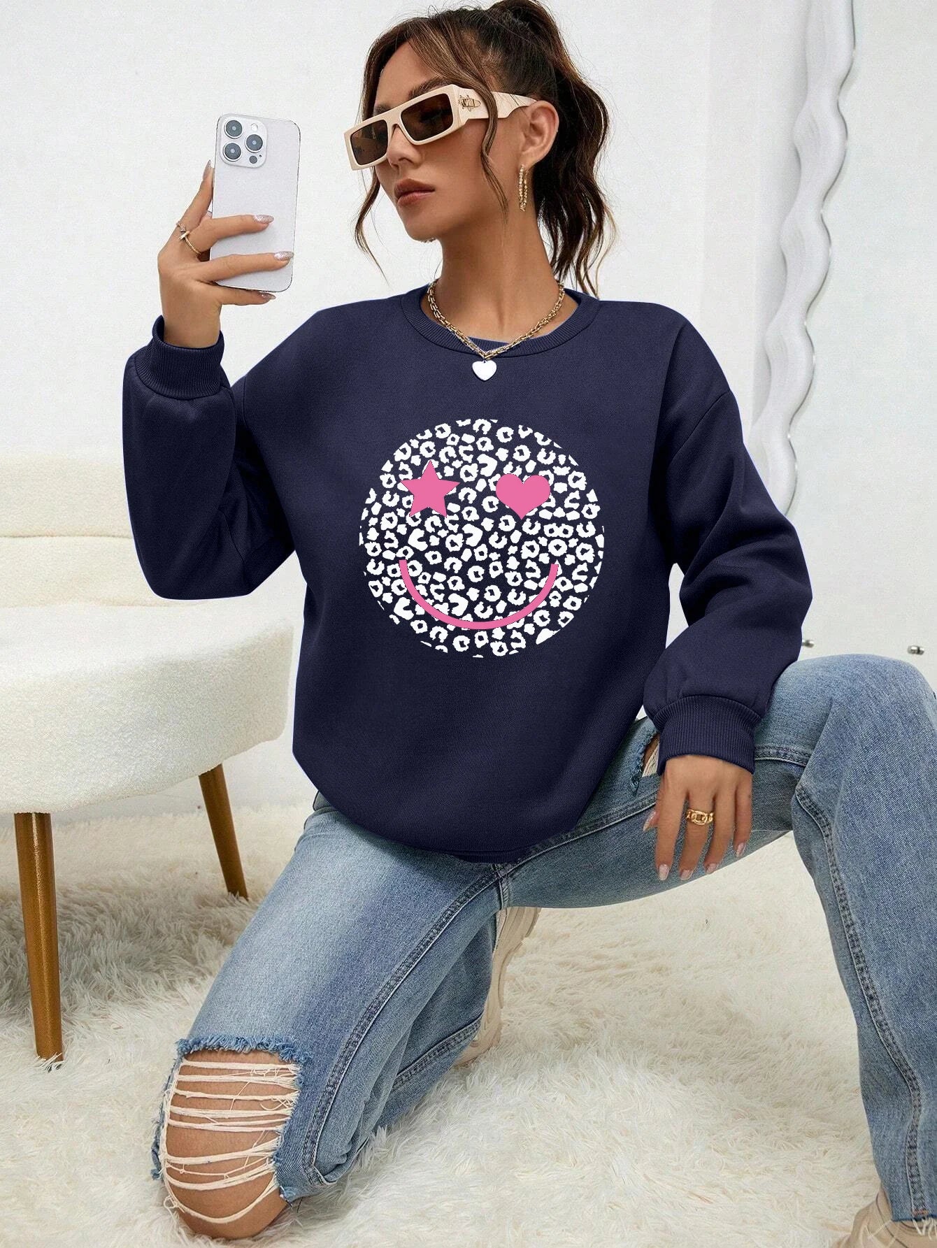 Felpa Donna Stampa Leopardo Happy Face - Pullover Fleece Streetwear Autunno Inverno
