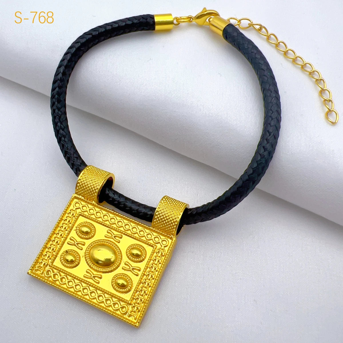 Luxury Gold Color Bridal Jewelry Sets for Women Ethiopian Black Rope Tassel Pendant Necklace Earrings Bracelet Ring Wedding Gift