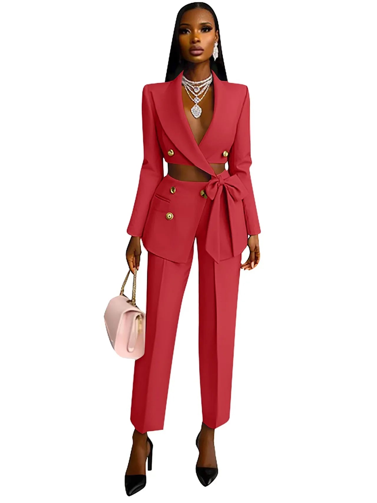 Completo Elegante Donna Blazer e Pantaloni - Giacca Lunga con Fiocco e Pantaloni Palazzo per Ufficio