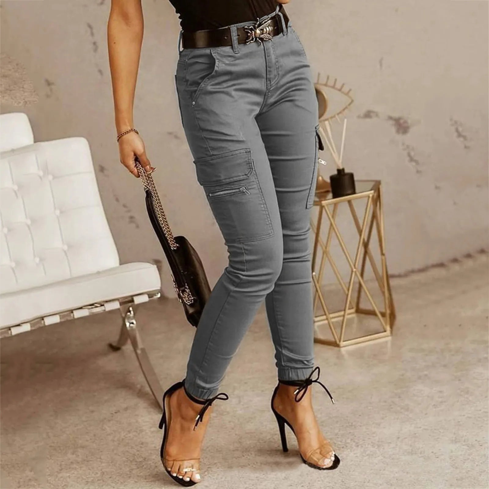 Pantaloni Cargo Donna Y2K Tasche Streetwear Slim Fit Casual Tinta Unita Stile Moderno