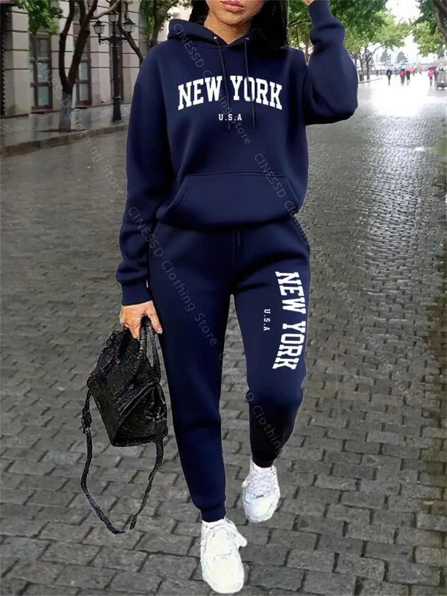 Tuta Sportiva Donna New York - Completo Felpa con Cappuccio e Pantaloni Streetwear Autunno Inverno