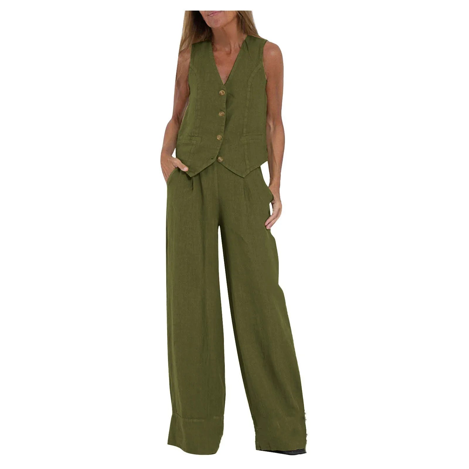Fashion Solid Sleeveless Vest Wide Leg Pants Sets For Women Summer V-neck Button Top Pocket  Trousers Outfits Two-piece Suit