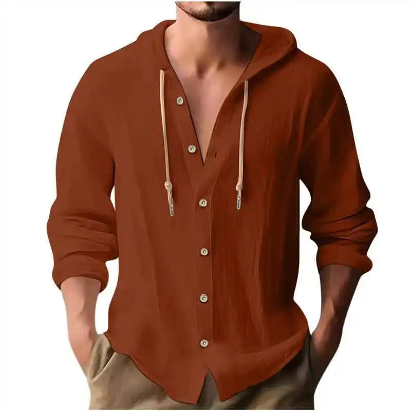 Camicia Uomo Cotone e Lino con Cappuccio – Cardigan Casual Beach Loose Fit