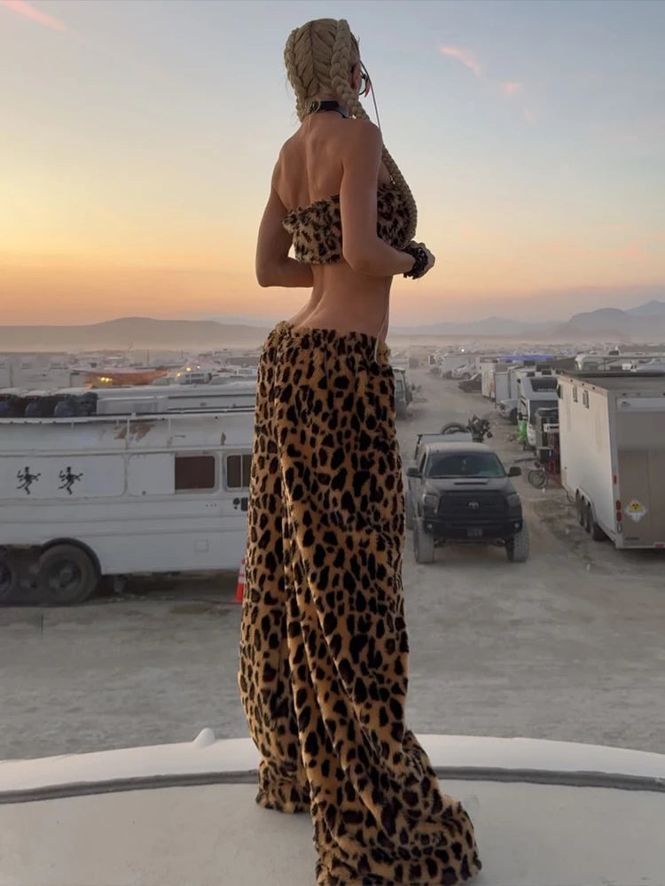 Completo Due Pezzi Donna Stampa Leopardata — Top Crop e Pantaloni Wide Leg Streetwear