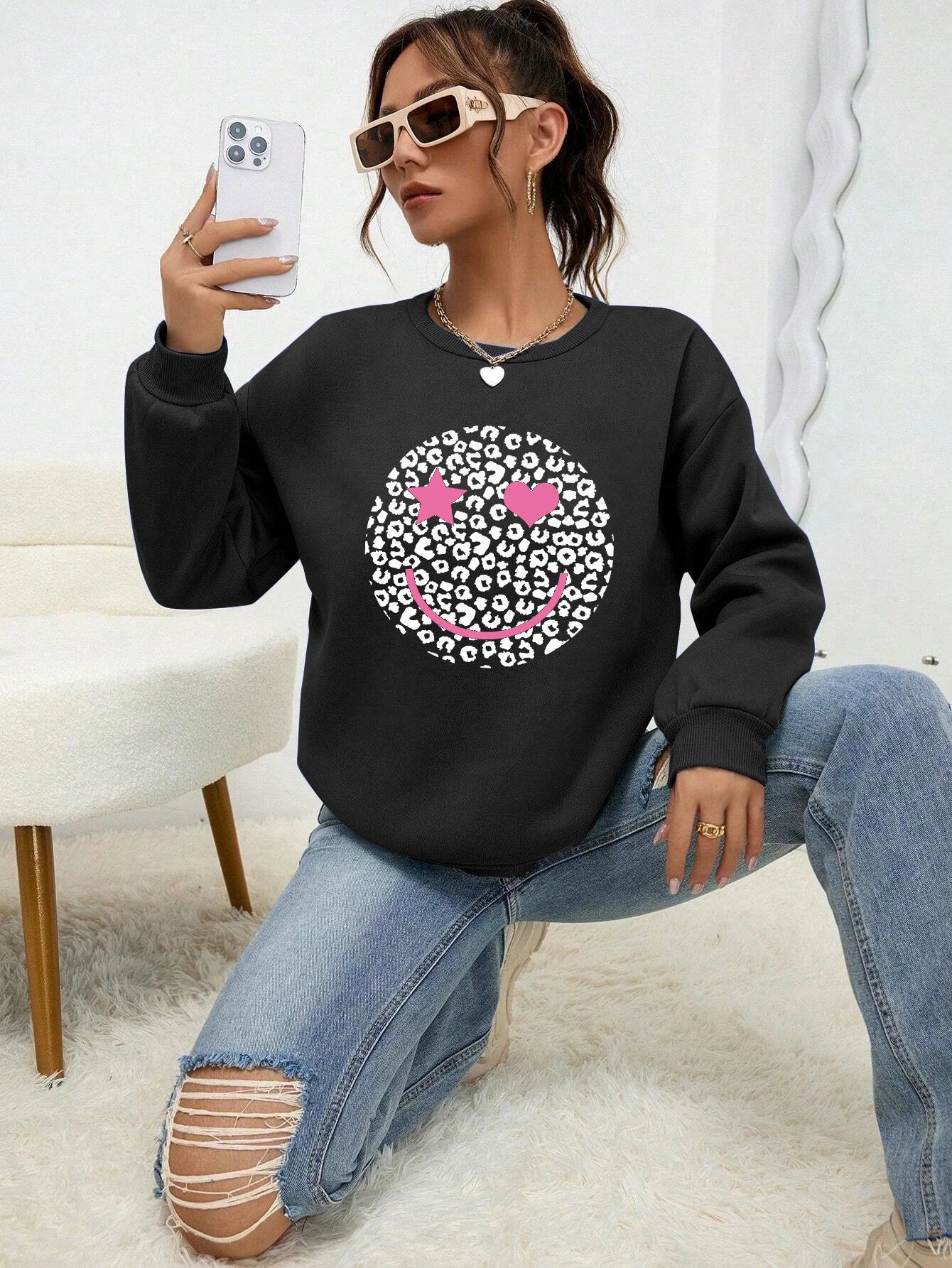 Felpa Donna Stampa Leopardo Happy Face - Pullover Fleece Streetwear Autunno Inverno