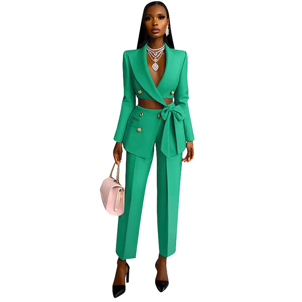 Completo Elegante Donna Blazer e Pantaloni - Giacca Lunga con Fiocco e Pantaloni Palazzo per Ufficio