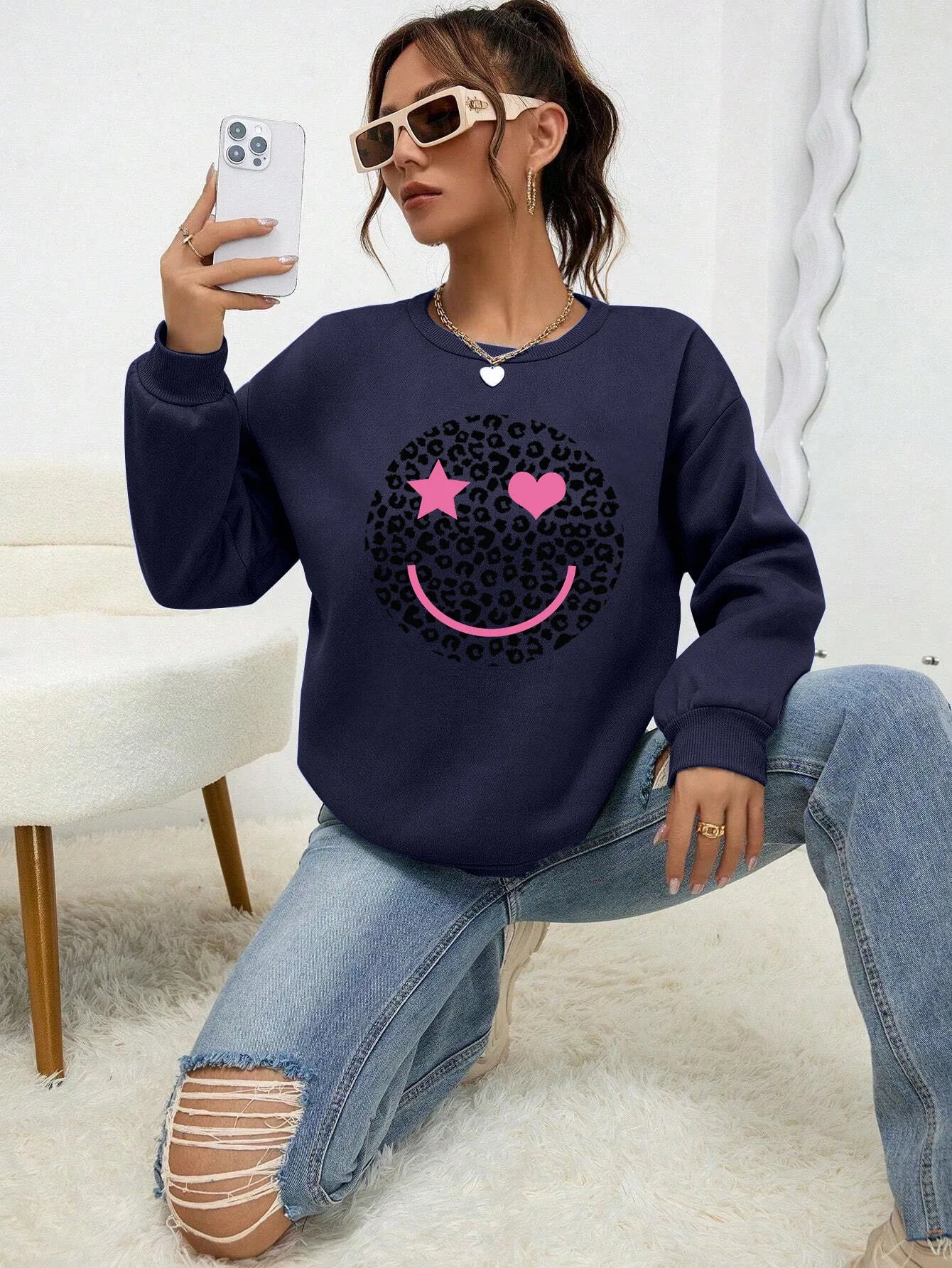 Felpa Donna Stampa Leopardo Happy Face - Pullover Fleece Streetwear Autunno Inverno