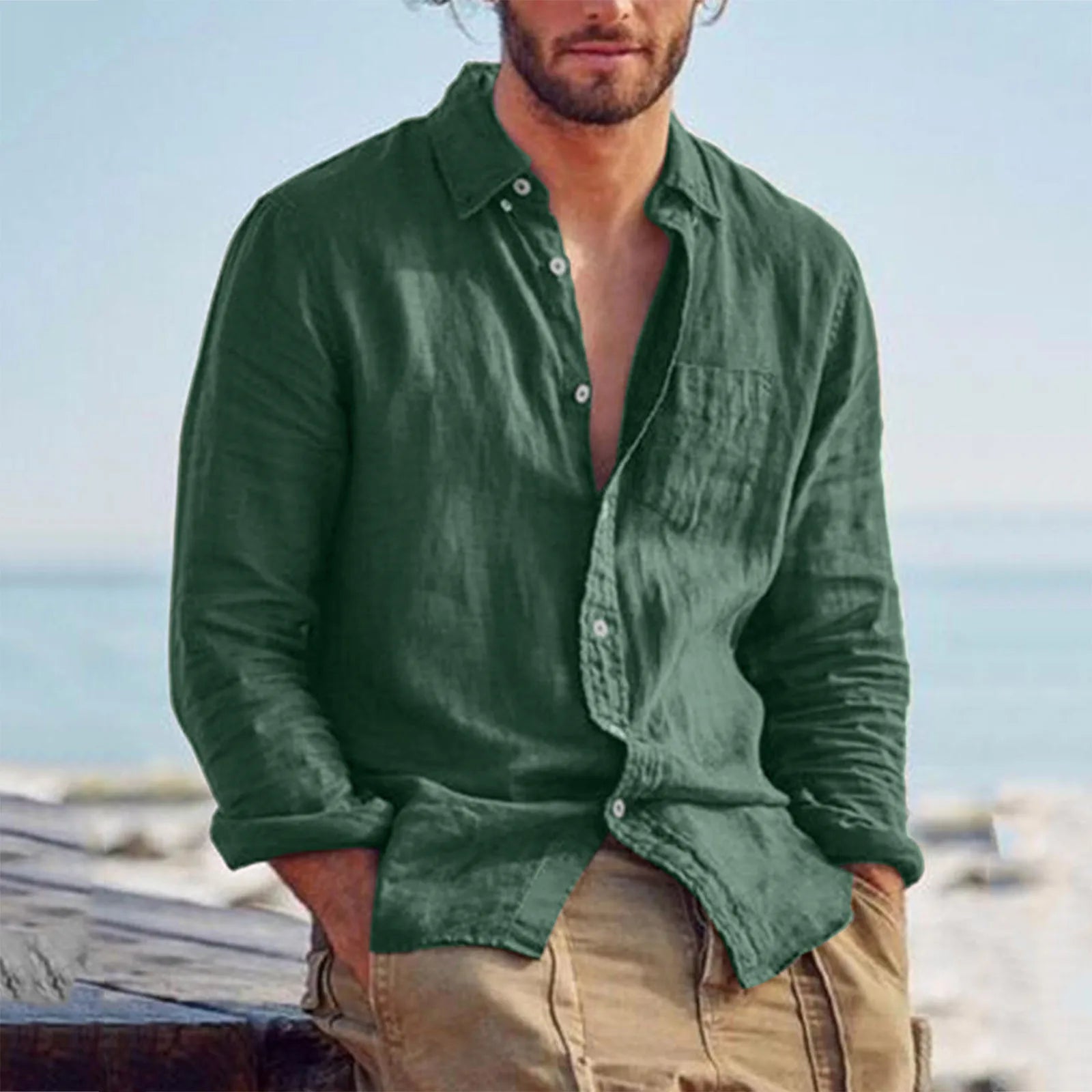 Camicia Uomo Lino Casual Retrò – Cardigan Versatile 4 Stagioni