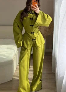 Casual Frog Buttons Linen Two Piece Set Women Lace Up Stand Collar Shirts Wide Leg Pants 2026 Spring Summer Lady Loose Outfits
