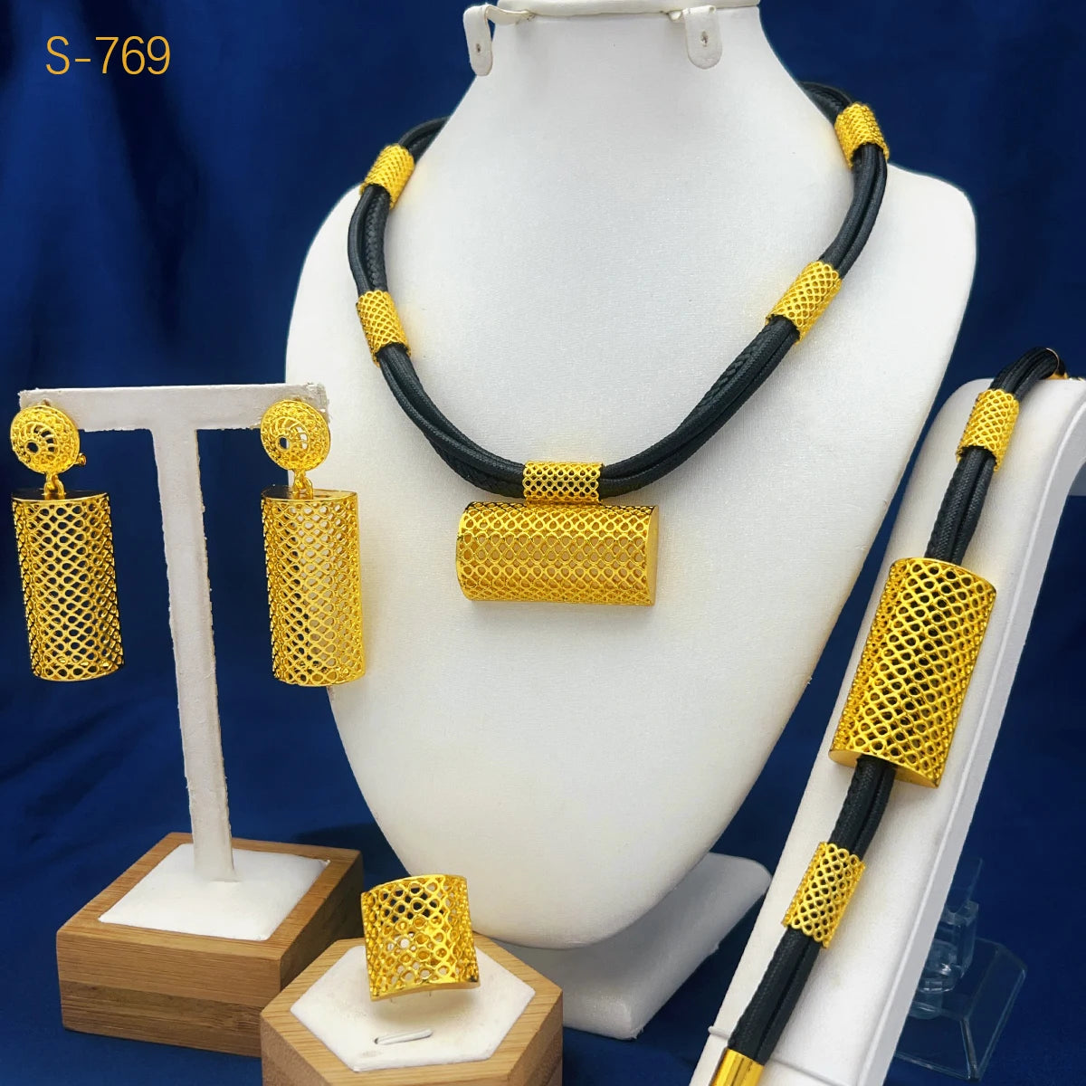 Luxury Gold Color Bridal Jewelry Sets for Women Ethiopian Black Rope Tassel Pendant Necklace Earrings Bracelet Ring Wedding Gift