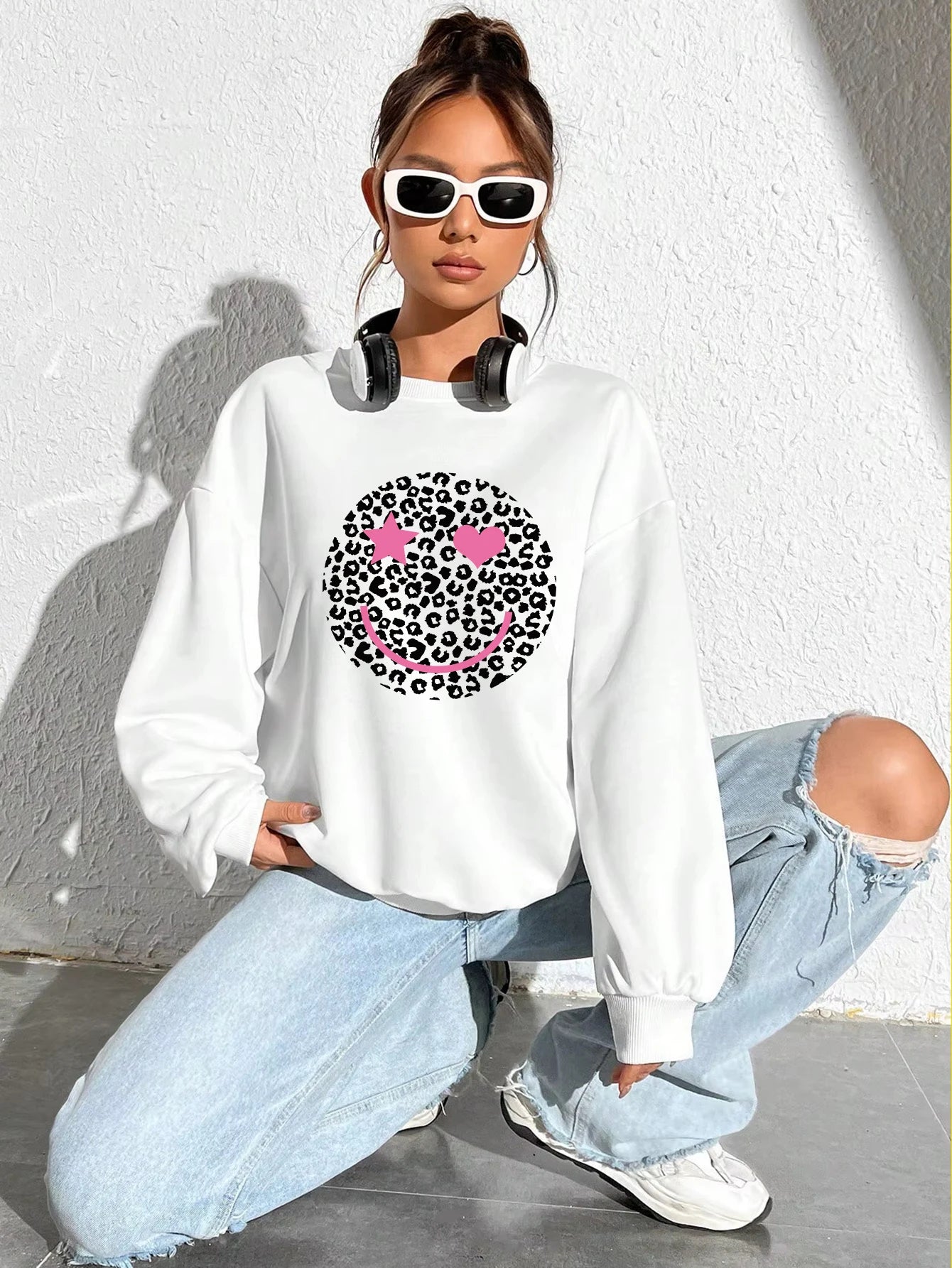Felpa Donna Stampa Leopardo Happy Face - Pullover Fleece Streetwear Autunno Inverno