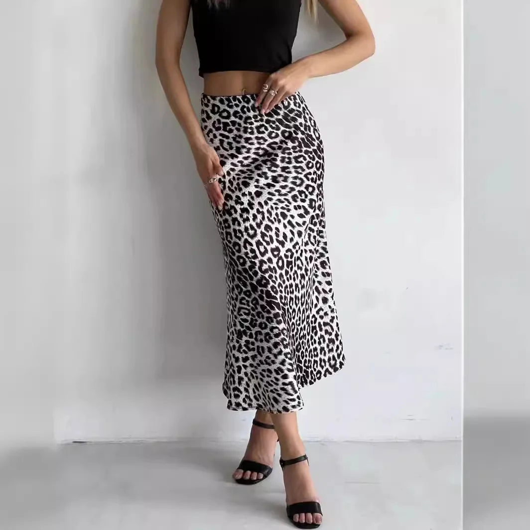 Skirts Women summer sexy leopard print high waist elastic silky skirt ankle length Forking Women's clothing WSL6751