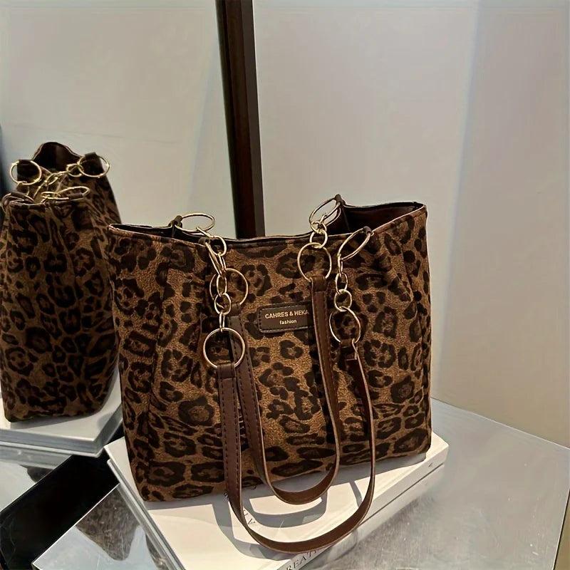 Borsa Tote Donna Stampa Leopardata — Shopper in PU Casual per Ufficio e Viaggio