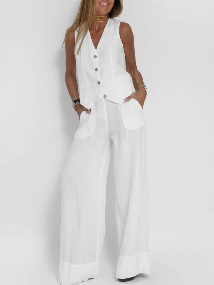 Fashion Solid Sleeveless Vest Wide Leg Pants Sets For Women Summer V-neck Button Top Pocket  Trousers Outfits Two-piece Suit