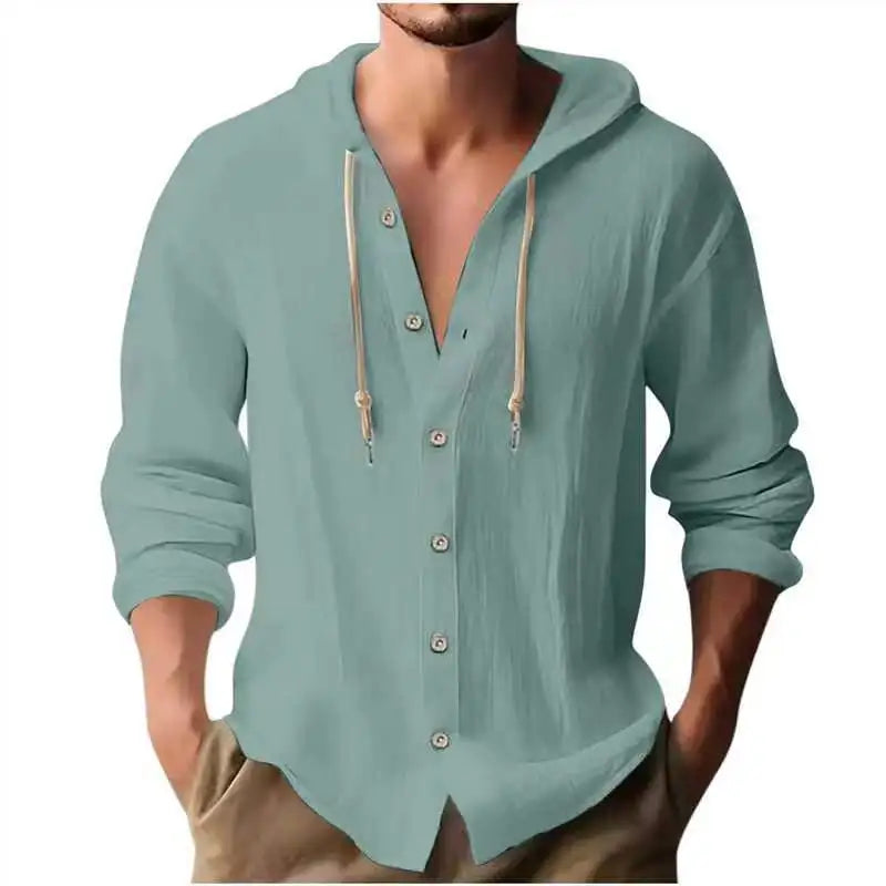 Camicia Uomo Cotone e Lino con Cappuccio – Cardigan Casual Beach Loose Fit