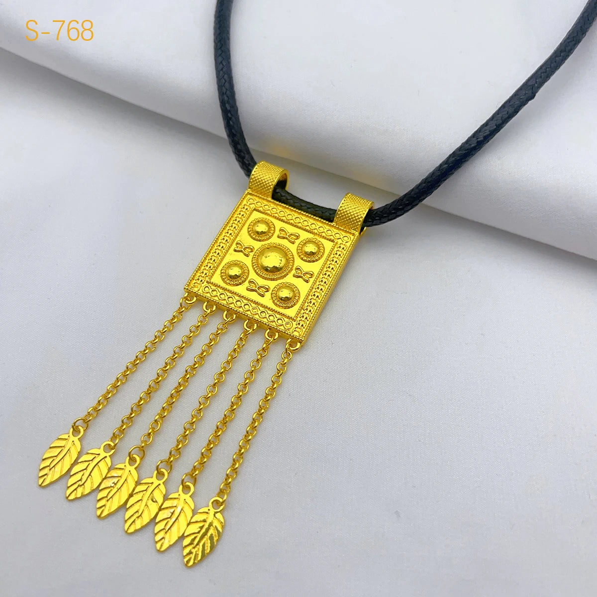 Luxury Gold Color Bridal Jewelry Sets for Women Ethiopian Black Rope Tassel Pendant Necklace Earrings Bracelet Ring Wedding Gift