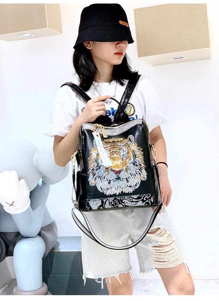Zaino Donna Fashion con Paillettes - Borsa Scuola in Pelle Morbida per Viaggio