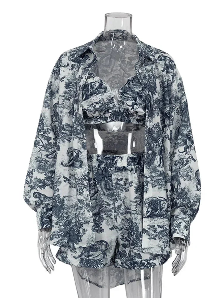 Retro Ink Shirt Three-piece Shorts Suit Women's Summer Casual Long Sleeve Button Print Fashion Shirt with Shorts Suit
